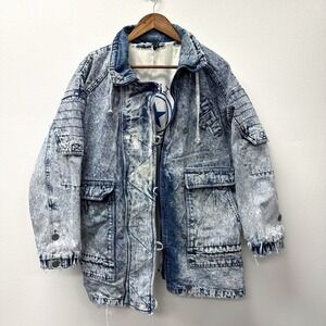 Vintage 1980s Izzi Izzi Acid Wash Zip Thrashed Jean Jacket M